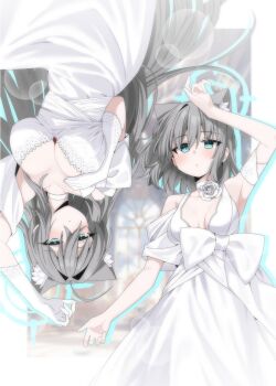 2girls absurdres ahoge animal_ear_fluff animal_ears arm_up armpits arms_up b.t._(boob_tong) blue_archive blue_eyes blue_halo blush breasts bride broken_halo choker cleavage cross cross_hair_ornament dress elbow_gloves extra_ears flower gloves grey_hair hair_between_eyes hair_ornament halo hashtag-only_commentary highres inverted_cross large_breasts long_hair looking_at_viewer medium_breasts medium_hair mismatched_pupils multiple_girls rose shiroko_(blue_archive) shiroko_terror_(blue_archive) strapless strapless_dress wedding_dress white_dress white_flower white_gloves white_rose wolf_ears wolf_girl