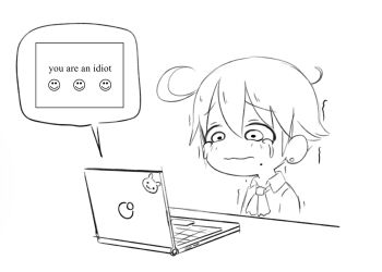 1girl computer crying crying_with_eyes_open desk earrings greyscale highres jewelry judith_(madmex) laptop madmex messy_hair monochrome neckerchief original sad short_hair sketch solo speech_bubble tears wavy_mouth you_are_an_idiot_(virus)