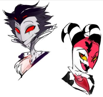 2boys blitzo_(helluva_boss) closed_mouth colored_sclera demon_boy hellaverse helluva_boss huan1034097 looking_at_viewer male_focus multiple_boys open_mouth owl_boy portrait red_eyes red_sclera sharp_teeth simple_background smile stolas_(helluva_boss) teeth white_background yellow_sclera