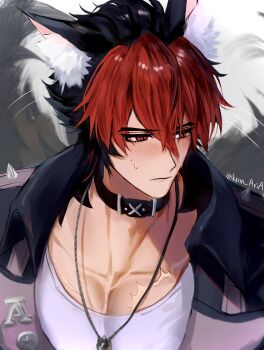 Rule 34 | 1boy, afterimage, animal ear fluff, animal ears, averting eyes, black hair, black jacket, blush, closed mouth, collar, collarbone, commentary, crossed bangs, dog boy, dog ears, hair between eyes, highres, jacket, jewelry, komano manato, male focus, min (kmn aria), motion lines, multicolored hair, muscular, muscular male, necklace, pectorals, portrait, red eyes, red hair, scar, scar on chest, shirt, short hair, simple background, solo, spiked jacket, sweatdrop, twitter username, white background, white shirt, zenless zone zero