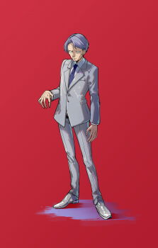 1boy absurdres closed_mouth collared_shirt copyright_request full_body grey_jacket grey_pants grey_shoes highres jacket long_sleeves looking_at_viewer male_focus necktie osisio pants purple_hair purple_necktie red_background shirt shoes simple_background solo standing white_shirt
