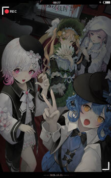 4girls :d absurdres battery_indicator beret black_capelet black_hat blonde_hair blue_hair bonnet braid braided_hair_rings capelet collared_shirt dark deerstalker dress flower gradient_hair green_dress green_eyes hair_flower hair_ornament hair_rings hand_fan hand_up hat highres hikami_meruru holding holding_fan long_hair long_sleeves looking_at_another looking_at_viewer mahou_shoujo_no_majo_saiban mamayu multicolored_hair multiple_girls neck_ribbon open_mouth pink_eyes pink_hair recording ribbon sakuraba_ema shirt short_hair shorts smile tachibana_sherry tono_hanna twintails v veil viewfinder white_dress white_flower white_hair white_ribbon white_shorts white_veil x_hair_ornament yellow_eyes