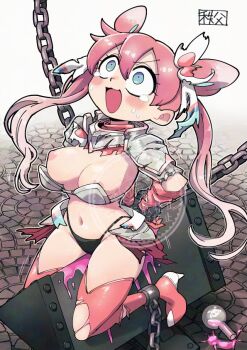 1girl armor arms_behind_back black_panties blue_eyes boots bound bound_wrists bow breasts chain chichibu_(watson) commentary_request commission eyelashes flask gen_6_pokemon gloves hair_bow long_hair looking_up metal_bra nintendo open_mouth panties personification pink_boots pink_gloves pink_hair pokemon round-bottom_flask shoulder_armor signature sitting skeb_commission solo sylveon tearing_up thigh_boots torn_boots twintails underwear v-shaped_eyebrows watermark wooden_horse