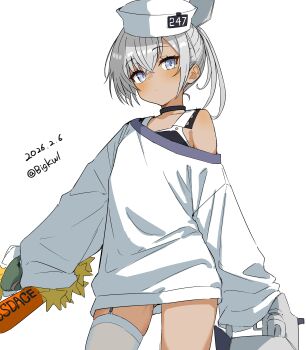 Rule 34 | 1girl, absurdres, bigkwl, black choker, blue eyes, blush, choker, closed mouth, commentary, cowboy shot, crossed bangs, dace (kancolle), dark-skinned female, dark skin, dated, gluteal fold, grey hair, hair between eyes, hat, highres, kantai collection, long sleeves, looking at viewer, no pants, off shoulder, one-hour drawing challenge, shirt, short hair, simple background, single bare shoulder, single thighhigh, sleeves past wrists, solo, thighhighs, twitter username, white background, white hat, white shirt, white thighhighs
