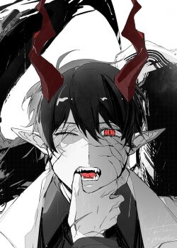 1boy 1other black_hair black_shirt black_wings coat collared_shirt commentary cracked_skin demon_horns english_commentary feathered_wings finger_in_another&#039;s_mouth grabbing_another&#039;s_face hair_between_eyes head_grab highres horns kim_dokja looking_at_viewer male_focus omniscient_reader&#039;s_viewpoint one_eye_closed open_clothes open_coat open_mouth pointy_ears pov pov_hands red_eyes scar scar_on_hand sharp_teeth shirt short_hair slit_pupils teeth twle upper_body white_coat wings yoo_joonghyuk
