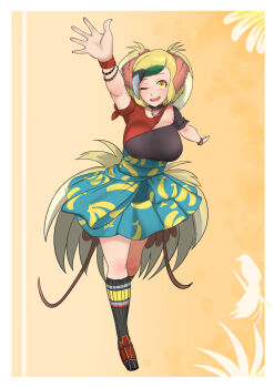 1girl banana_print bird_tail bird_wings black_hair black_socks blonde_hair blue_skirt bow breasts choker dress food_print fruit_print greater_bird-of-paradise_(kemono_friends) green_hair head_wings highres john_(a2556349) kemono_friends kemono_friends_3 large_breasts long_hair looking_at_viewer multicolored_hair open_mouth orange_background red_footwear shirt skirt socks solo tail wings wristband yellow_eyes