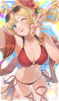 :p bikini blonde_hair blue_eyes breasts eyewear_on_head flower glasses granblue_fantasy hair_between_eyes hair_flower hair_ornament highres large_breasts long_hair navel one_eye_closed ozzyart_0221 red_bikini stomach sunglasses swimsuit tongue tongue_out v zeta_(granblue_fantasy)