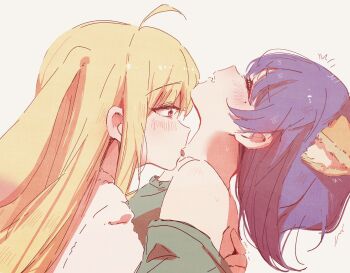 2girls ahoge animal_ears blonde_hair blue_hair blush brown_eyes cho_kaguya-hime! closed_eyes commentary hashtag-only_commentary highres hug kaguya_(cho_kaguya-hime!) licking licking_another's_neck long_hair multiple_girls open_mouth rabbit_ears rabbit_girl revision sakayori_iroha sangdingting short_hair sidelocks upper_body yuri