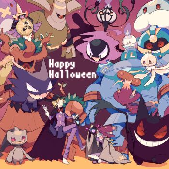 Rule 34 | 2boys, absurdres, aegislash, banette, black hat, cape, chandelure, cofagrigus, colored smoke, dusknoir, eusine (pokemon), fangs, fire, frillish, frillish (female), gastly, gen 1 pokemon, gen 3 pokemon, gen 4 pokemon, gen 5 pokemon, gen 6 pokemon, gengar, golurk, gourgeist, grey robe, happy halloween, hat, highres, indian style, jacket, jellicent, jellicent (male), litwick, male focus, mismagius, morty (pokemon), multiple boys, nagatsukiariake, nintendo, pants, pokemon, pokemon (creature), pokemon hgss, purple cape, purple fire, purple jacket, purple pants, rayman limbs, robe, sitting, smoke, trevenant