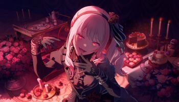 1other akiyama_mizuki arm_up bat_ornament bib_collar black_gloves black_hairband black_ribbon black_shirt black_theme bouquet box brooch cake candle center_frills colorful_palette cup drill_hair drill_ponytail drill_sidelocks evil_smile fangs flower food frilled_sleeves frills game_cg gem gloves goth_fashion hairband half-closed_eye hand_up heart-shaped_box high_side_ponytail highres jewelry juliet_sleeves kono_hito_hari_ni_omoi_wo_komeru_(project_sekai) limited_palette long_sleeves looking_at_viewer macaron official_alternate_costume official_art other_focus pink_eyes pink_hair plate project_sekai puffy_sleeves red_flower red_gem red_rose red_theme ribbon rose shirt sidelighting sidelocks smile solo standing tea_set teacup third-party_source two-tone_ribbon white_ribbon