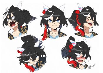 1girl animal_ears black_hair blue_eyes blue_shirt blush closed_eyes closed_mouth commentary ear_covers english_commentary grin hair_between_eyes hair_ornament highres horse_ears horse_girl jacket katsuragi_ace_(dragon_rising_to_the_top)_(umamusume) katsuragi_ace_(umamusume) mergeritter multicolored_hair multiple_expressions open_mouth ponytail portrait shirt simple_background smile streaked_hair tassel tassel_hair_ornament teeth umamusume white_hair