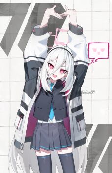 Rule 34 | 1girl, absurdres, black jacket, black skirt, black thighhighs, blazer, blue archive, blue necktie, blush, commentary, cowboy shot, double-parted bangs, fingernails, hair between eyes, halo, head tilt, highres, jacket, jjigong chigon, kei (blue archive), kei (new body) (blue archive), long hair between eyes, looking at viewer, millennium science school logo, necktie, pink eyes, pleated skirt, shirt, skindentation, skirt, smile, solo, spoken expression, stretching, teeth, thighhighs, twitter username, two-sided fabric, two-sided jacket, upper teeth only, white hair, white jacket, white shirt