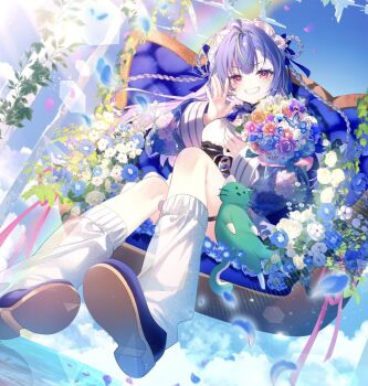 1girl blue_flower blue_hair blue_rose blue_shoes bouquet braid commentary_request flower green_hair holding holding_bouquet long_hair long_sleeves looking_at_viewer mole mole_under_eye multicolored_hair nanashi_inc. official_art pink_eyes purple_flower purple_rose riichu rose shoes sitting smile socks streaked_hair suzumi_nemo thigh_strap v-shaped_eyebrows virtual_youtuber white_flower white_socks