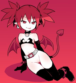1girl akableak anklet arm_belt arm_support bare_shoulders belt black_boots black_bra black_choker black_gloves black_thighhighs boots bottomless bra bracelet breasts bright_pupils choker cleft_of_venus closed_mouth collarbone commentary demon_girl demon_tail demon_wings disgaea earrings elbow_gloves english_commentary etna_(disgaea) full_body gloves gradient_background groin hair_between_eyes highres jewelry leaning_to_the_side loli looking_at_viewer makai_senki_disgaea midriff mini_wings narrowed_eyes naughty_face navel o-ring o-ring_choker pear-shaped_figure pointy_ears pussy red_background red_eyes red_hair red_tail red_wings shadow short_twintails sitting skull_earrings slit_pupils small_breasts smile solo strapless strapless_bra studded_anklet studded_bracelet tail thigh_gap thighhighs tongue tongue_out tsurime twintails uncensored underwear white_belt white_pupils wings yokozuwari