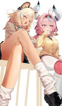 2girls absurdres ahoge akaika_(aka) animal_ear_fluff animal_ears aqua_hair bell black_shoes black_skirt blonde_hair braid breasts bright_pupils brown_cardigan cardigan commentary_request cow_ears cow_girl cow_horns cowbell crossed_legs dark-skinned_female dark_skin fang genshin_impact hairband highres horns jaguar_ears jaguar_girl leg_warmers loafers long_hair long_sleeves medium_breasts medium_hair multicolored_hair multiple_girls necktie notice_lines open_mouth pink_hair pleated_skirt purple_eyes school_uniform shirt shoes single_braid single_thighhigh sitting skin_fang skirt sleeves_past_wrists streaked_hair thighhighs twin_braids varesa_(genshin_impact) white_background white_leg_warmers white_shirt xilonen_(genshin_impact) yellow_cardigan
