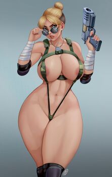 1girl adjusting_eyewear areola_slip arm_wrap blonde_hair breasts brown_eyes camouflage_swimsuit cassie_cage dog_tags ed_(edemevas) grey_background gun handgun highres holding holding_gun holding_weapon large_breasts looking_at_viewer mortal_kombat_(series) mortal_kombat_x navel print_slingshot_swimsuit shirt signature slingshot_swimsuit solo sunglasses swimsuit weapon white_shirt