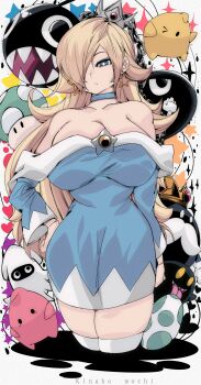 1-up_mushroom 1girl absurdres animal blonde_hair blooper_(mario) blue_dress blue_eyes bomb boo_(mario) breasts brooch bullet bullet_bill chain chain_chomp choker cleavage collarbone crown dress earrings egg explosive gem ghost hair_over_one_eye heart heart_background highres jewelry kinakomochi_(user_vedc2333) king_bob-omb large_breasts long_hair long_sleeves looking_at_viewer luma_(mario) mario_(series) mushroom nintendo off-shoulder_dress off_shoulder princess rosalina sharp_teeth sparkle sparkle_background squid standing star_(symbol) star_brooch star_earrings star_symbol_background super_mario_galaxy teeth thighhighs white_background white_thighhighs yellow_gemstone yoshi_egg