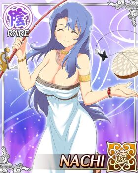 1girl armlet bait blue_hair bracelet breasts card_(medium) cleavage closed_eyes closed_mouth dress earrings fishing_line fishing_lure fishing_rod game_cg gold_armlet holding holding_fishing_rod hoop_earrings jewelry nachi_(senran_kagura) non-web_source official_alternate_costume official_art pearl_earrings senran_kagura senran_kagura_new_wave smile strapless strapless_dress white_dress