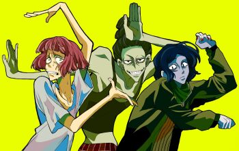 1boy 2girls bad_tag black_coat black_eyes black_hair black_tank_top blue_skin bob_cut cashier_girl_(no_i&#039;m_not_a_human) cat_lady_(no_i&#039;m_not_a_human) coat coat_guy_(no_i&#039;m_not_a_human) colored_skin green_scarf highres looking_at_viewer medium_hair missing_fingernails multiple_girls nervous_sweating no_i&#039;m_not_a_human oriyu117 red_hair scared scarf shirt short_hair sweat sweater tank_top white_shirt yellow_background yellow_eyes yellow_sweater