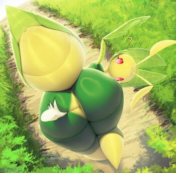 1girl ? abdomen_tail antennae anus arm_up arthropod_girl artist_name ass ass_focus bent_over closed_mouth clueless colored_skin day disembodied_hand dutch_angle female_focus from_behind full_body furry furry_female furry_with_non-furry gen_5_pokemon grass green_skin green_theme highres interspecies leavanny looking_at_viewer looking_back mature_female multicolored_skin nintendo outdoors path patreon_username pokemon pokemon_(creature) pov red_eyes road shiny_skin solo_focus spread_anus standing thick_thighs thighs thousandfoldfeathers twitter_username two-tone_skin uneven_eyes watermark wavy_mouth web_address wide_hips yellow_skin