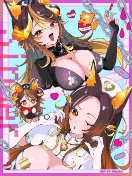 Rule 34 | 1girl, absurdres, animal ears, artist name, bandaid, black gloves, black hair, black hat, blonde hair, breasts, bright pupils, brown eyes, chain, chibi, chimanakoneko, cleavage, commentary, dog ears, dog girl, elbow gloves, fiery ears, gloves, gradient hair, hat, heart, heart-shaped pupils, highres, holding, holding syringe, horns, indie virtual youtuber, multicolored hair, nurse cap, one eye closed, open mouth, orange horns, sinder (vtuber), symbol-shaped pupils, syringe, virtual youtuber, white gloves, white hat, white pupils