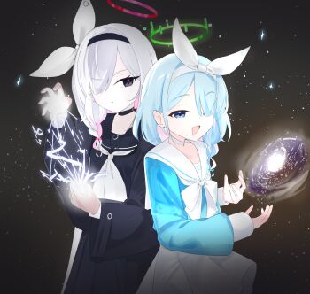 2girls :d arona_(blue_archive) black_choker black_eyes black_hairband black_sailor_collar black_serafuku black_shirt black_skirt blue_archive blue_eyes blue_hair blue_shirt bow_hairband braid choker commentary electricity english_commentary from_side galaxy green_halo hair_over_one_eye hairband halo highres long_hair looking_at_viewer meliach meme multiple_girls neckerchief nikola_tesla_and_albert_einstein_(meme) open_mouth plana_(blue_archive) pleated_skirt red_halo sailor_collar school_uniform serafuku shirt side_braid skirt smile star_(sky) starry_sky_background white_choker white_hair white_hairband white_neckerchief white_sailor_collar white_skirt