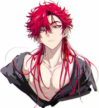 Rule 34 | 1boy, alternate costume, bare pectorals, black robe, closed mouth, collarbone, commentary request, cropped torso, earrings, eyeshadow, hair between eyes, hair down, jewelry, long hair, looking at viewer, makeup, male focus, off shoulder, open clothes, open robe, pectorals, red eyes, red eyeshadow, red hair, robe, shiguang dailiren, simple background, single earring, sketch, solo, tassel, tassel earrings, toned, toned male, tyoookozuki, upper body, white background, xiao weiying