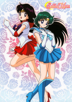2girls bishoujo_senshi_sailor_moon bishoujo_senshi_sailor_moon_(first_season) copyright_name gloves highres hino_rei legs magical_girl marco_albiero mizuno_ami multiple_girls official_art parted_bangs sailor_mars sailor_mercury sailor_senshi_uniform skirt
