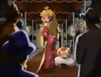 Rule 34 | 1990s (style), 1993, 4boys, alternate costume, animated, anime screenshot, ass, bare legs, blinking, blonde hair, blowing kiss, breasts, camera, cleavage, crown, dress, elbow gloves, evening gown, fur trim, gloves, hat, high heels, jewelry, legs, long hair, lots of jewelry, mario (series), mini crown, multiple boys, necklace, nintendo, official art, one eye closed, photographer, princess, princess peach, red carpet, red dress, retro artstyle, sequins, shoes, side slit, super mario all stars, tagme, toad (mario), video, wink