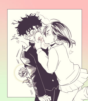 Rule 34 | > <, 1boy, 1girl, absurdres, ayase momo, black choker, blush, choker, closed eyes, commentary request, couple, cowboy shot, dandadan, earrings, facing another, flower, from side, gakuran, glasses, gyaru, heart, hetero, highres, holding, holding flower, holding heart, jewelry, kami high school uniform, kiss, leg up, long sleeves, looking at another, loose socks, miniskirt, monochrome, outside border, pleated skirt, profile, rose, round eyewear, school uniform, short hair, skirt, socks, sweat, sweater, takakura ken (dandadan), yuuri (fukuroudou)