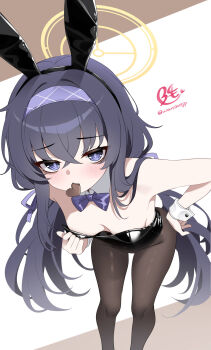 Rule 34 | 1girl, animal ear hairband, animal ears, artist name, bags under eyes, black leotard, black pantyhose, blue archive, bow, bowtie, breasts, candy, chocolate, chocolate heart, commentary, detached collar, downblouse, fake animal ears, fake tail, food, food in mouth, foot out of frame, hair between eyes, hair ribbon, hairband, halo, heart, heart-shaped food, highleg, highleg leotard, highres, leaning forward, leotard, light blush, long hair, looking at viewer, low twintails, pantyhose, playboy bunny, purple bow, purple bowtie, purple eyes, purple hair, purple hairband, purple ribbon, rabbit ear hairband, rabbit ears, rabbit tail, revision, ribbon, signature, small breasts, solo, strapless, strapless leotard, tail, twintails, twitter username, ui (blue archive), umou (may65879), white wrist cuffs, wrist cuffs, yellow halo