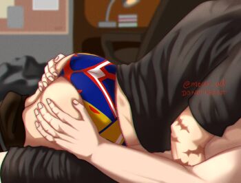 ass ass_focus bakudeku bakugou_katsuki bedroom boku_no_hero_academia grabbing_another&#039;s_ass groping highres legs lying medx_od midoriya_izuku on_bed scar shirt underwear yaoi