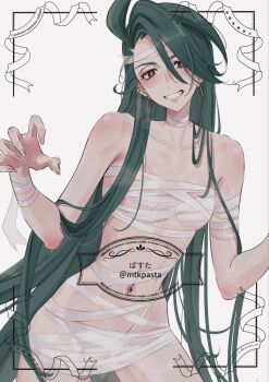 1girl artist_name bare_shoulders breasts collarbone earrings female_focus green_hair halloween halloween_costume highres jewelry long_hair looking_at_viewer mtkpasta mummy_costume navel navel_piercing piercing pokemon pokemon_sv red_eyes rika_(pokemon) simple_background small_breasts very_long_hair watermark white_background