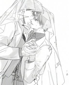 2boys cloak coat collared_shirt cowboy_shot hair_between_eyes hand_on_another&#039;s_back hand_on_another&#039;s_chin head_tilt highres holding_hands hood hood_up hooded_cloak kim_dokja looking_at_another male_focus multiple_boys necktie omniscient_reader&#039;s_viewpoint open_clothes open_coat paradero_91 popped_collar scar scar_across_eye scar_on_face secretive_plotter shared_clothes shirt short_hair sweatdrop vest yaoi yoo_joonghyuk