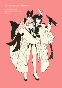 Rule 34 | 1boy, 1girl, alternate costume, animal ears, artist name, black hair, braid, braided ponytail, closed eyes, commentary request, fate/grand order, fate (series), fox girl, fox tail, full body, glasses, hat, highres, koyanskaya (assassin) (second ascension) (fate), koyanskaya (fate), looking at another, pink background, pink hair, pirate hat, pryo tea, rabbit ears, reverse princess carry, simple background, taigong wang (fate), tail, twintails, twitter username