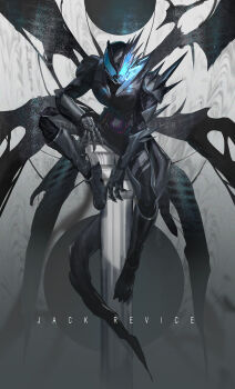 1boy absurdres armor asymmetrical_armor black_armor black_wings blue_eyes bodysuit column compound_eyes demon_boy demon_tail full_body helmet highres jiuri_jiuhao kamen_rider kamen_rider_jack_revice kamen_rider_revi kamen_rider_revice male_focus official_alternate_costume pillar revice_driver rider_belt rolling_vistamp sharp_teeth shoulder_armor sitting spiked_armor spikes tail teeth tokusatsu wings