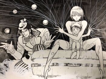 1girl 2boys bow bowtie closed_mouth fujita_kazuhiro greyscale hat highres karakuri_circus katou_narumi looking_at_viewer monochrome multiple_boys official_art open_mouth puppet_strings saiga_masaru shirogane_(karakuri_circus) short_hair smile striped_clothes