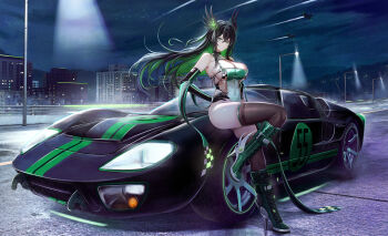 1girl absurdres aircraft airplane bare_shoulders black_gloves black_hair black_thighhighs boots breasts building car cleavage closed_mouth commentary_request commission covered_navel crossed_bangs elbow_gloves f-35_lightning_ii fighter_jet ford ford_gt40 full_body gloves green_eyes green_hair hair_between_eyes hair_ornament hand_on_own_hip high_heel_boots high_heels highleg highres kcar66t knee_boots lamppost large_breasts leg_up legs looking_at_viewer military_vehicle motor_vehicle multicolored_gloves multicolored_hair night on_car original outdoors partial_commentary race_queen road see-through_clothes sideboob sidelocks sitting solo sports_car thighhighs thighs two-tone_gloves