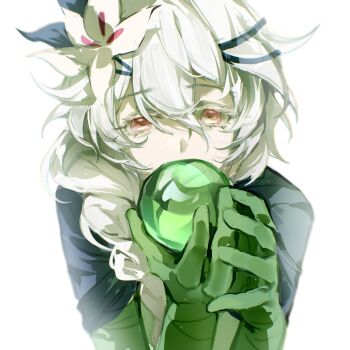 Rule 34 | 1girl, braid, calla lily, cape, closed mouth, colored eyelashes, cookie run, cookie run: kingdom, dress, flower, green cape, green dress, hair flower, hair ornament, highres, holding, humanization, long hair, looking at viewer, red eyes, simple background, solo, very long hair, white background, white eyelashes, white flower, white hair, white lily, white lily cookie, yaojingwangchudi