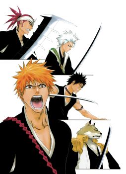 5boys abarai_renji absurdres angry animal_ears armlet bandana black_hair bleach choker collarbone highres hisagi_shuuhei hitsugaya_toushirou holding holding_sword holding_weapon japanese_clothes jewelry komamura_sajin kubo_tite kurosaki_ichigo multiple_boys official_art open_mouth orange_hair ponytail red_hair scar scar_on_face second-party_source shihakusho short_hair simple_background sword teeth upper_body weapon whiskers white_background white_hair wolf_ears zabimaru_(shikai) zanpakutou