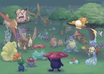 absurdres arbok artist_request beedrill blastoise bulbasaur butterfree caterpie charizard charmander charmeleon clefable clefairy diglett dugtrio ekans everyone fearow forest gen_1_pokemon gloom_(pokemon) golbat highres ivysaur jigglypuff kakuna nature nidoking nidoqueen nidoran nidoran_(female) nidoran_(male) nidorina nidorino ninetales nintendo oddish paras parasect pidgeot pidgeotto pidgey pikachu pokemon pokemon_(creature) pokemon_pocket_monsters raichu raticate rattata sandshrew sandslash spearow squirtle tree venomoth venonat venusaur vileplume vulpix wartortle weedle wigglytuff zubat