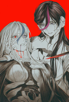 2girls 7nite absurdres armor bleeding blood blue_streaks cape chinese_commentary eva_(hundred_line) fingerless_gloves gloves greyscale_with_colored_background hair_behind_ear hair_over_shoulder heterochromia highres holding_another's_hair knife long_hair looking_at_another looking_at_object multicolored_hair multiple_girls purple_eyes purple_streaks red_background red_eyes spot_color streaked_hair sweat sweatdrop the_hundred_line_-last_defense_academy- v'ehxness weibo_username