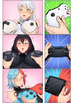 1girl 3girls band-width bare_shoulders black_hair blue_eyes blue_hair blush bodysuit breasts breath comic controller covered_erect_nipples detached_sleeves emphasis_lines game_console game_controller grabbing_another's_breast groping heart heart-shaped_pupils heterochromia large_breasts long_hair looking_at_viewer multicolored_hair multiple_girls nintendo nintendo_switch nintendo_switch_(personification) open_mouth original parted_lips personification playstation_4 playstation_4_(personification) playstation_controller product_girl red_eyes red_hair rolling_eyes short_hair smile symbol-shaped_pupils tongue tongue_out upper_body white_hair xbox_controller xbox_one xbox_one_(personification)