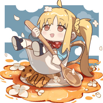 1girl :d absurdres ahoge black_shoes blonde_hair blush bocchi_the_rock! bow bowtie brown_eyes chibi chibi_only chinese_commentary commentary_request cookie cup dot_nose food full_body highres holding holding_spoon ijichi_nijika in_container in_cup long_hair open_mouth parted_bangs petals polka_dot polka_dot_bow polka_dot_bowtie red_bow red_bowtie saucer shoes side_ponytail sidelocks sitting smile socks solo spoon teacup tianqiyubao_euc white_socks
