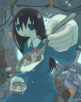 1girl artist_name black_hair blue_eyes blue_pajamas box cable cardboard_box computer fish food food_on_head highres holding holding_spoon incoming_food indoors kefir kurohanenone looking_at_viewer monitor mushroom object_on_head open_mouth pajamas shaking shell shimeji_simulation spoon tape toaster tsukishima_shijima vehicle_muffler wire