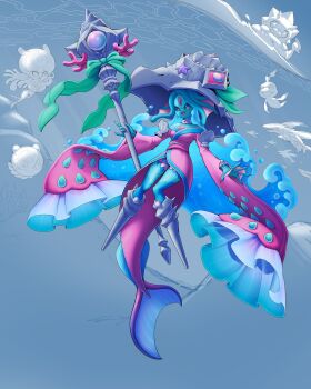 Rule 34 | 1girl, 2girls, ariemon, black sclera, blue hair, blue skin, colored sclera, colored skin, digimon, digimon (creature), forehead jewel, full body, gammamon, highres, holding, holding staff, isei0212, japanese clothes, jellymon, kimono, multiple girls, pink eyes, pink kimono, pukamon, puyoyomon, sharp teeth, solo, solo focus, staff, teeth, underwater, unfinished