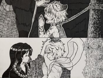 2girls aged_down alternate_costume animal_collar beads bleeding blood chain child closed_eyes closed_mouth collar dirty facing_another fingernails greyscale hagoromo headpat highres hijiri_byakuren kesa long_fingernails long_sleeves looking_at_another monochrome multicolored_hair multiple_girls open_mouth own_hands_together palms_together prayer_beads scratches sharp_fingernails shawl short_hair sleeveless smile streaked_hair suteruko toramaru_shou touhou traditional_media wide_sleeves