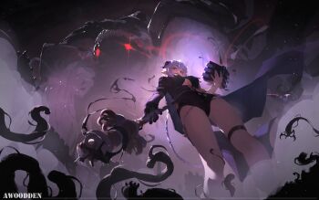 1girl 1other absurdres accessories artist_name awoodden53794 black_unitard blue_hair book bra braid braided_twintails breasts cleavage commentary dark_background english_commentary from_below gatanothor glowing glowing_eyes goat goat_girl goat_horns green_bra green_eyes highres holding holding_book holding_staff horns knee_strap long_hair looking_to_the_side lucia_elowen medallion monster pointy_ears red_eyes single_sleeve staff thighs twintails underwear zenless_zone_zero