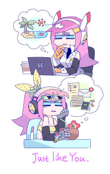 1girl ball beach beachball beco_(100me) blue_eyes bow_hairband coconut_cup coconut_tree collared_shirt drinking_straw earpiece english_text eyewear_on_head flower_wreath frown gloves hairband head_rest highres image_in_thought_bubble kirby_(series) long_hair mechanical_hands nintendo no_pupils ocean palm_tree personification pink_hair ponytail rectangular_mouth shirt sitting sleeveless sleeveless_shirt speech_bubble sunglasses susie_(kirby) thought_bubble tree undershirt white_background white_shirt white_wrist_cuffs working wrist_cuffs yellow_gloves yellow_hairband yellow_swimsuit