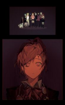 5boys 5girls absurdres aigis_(persona) amada_ken aragaki_shinjirou asymmetrical_bangs black_background black_border black_jacket blazer bloom border bow bowtie brown_eyes brown_hair collared_shirt commentary dimsum2756 dog dot_nose empty_eyes english_commentary everyone expressionless film_grain gekkoukan_high_school_uniform hair_ornament hairclip headphones headphones_around_neck high_ponytail highres iori_junpei jacket kirijou_mitsuru koromaru_(persona) light_frown looking_at_viewer medium_hair multiple_boys multiple_girls open_collar parted_bangs persona persona_3 persona_3_portable persona_q2:_new_cinema_labyrinth persona_q_(series) ponytail red_bow red_bowtie s.e.e.s sanada_akihiko school_uniform shiomi_kotone shirt short_ponytail solo_focus spotlight standing takeba_yukari upper_body white_shirt x_hair_ornament yamagishi_fuuka yuuki_makoto_(persona_3)
